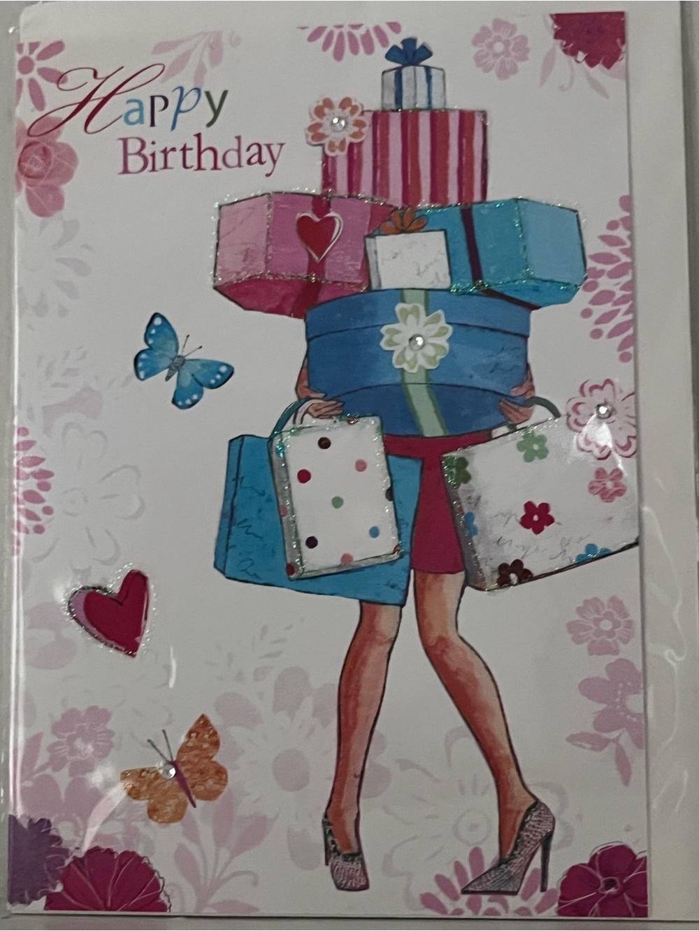 Happy Birthday Gift Stack Card - Pink & Blue With Envelope Inside